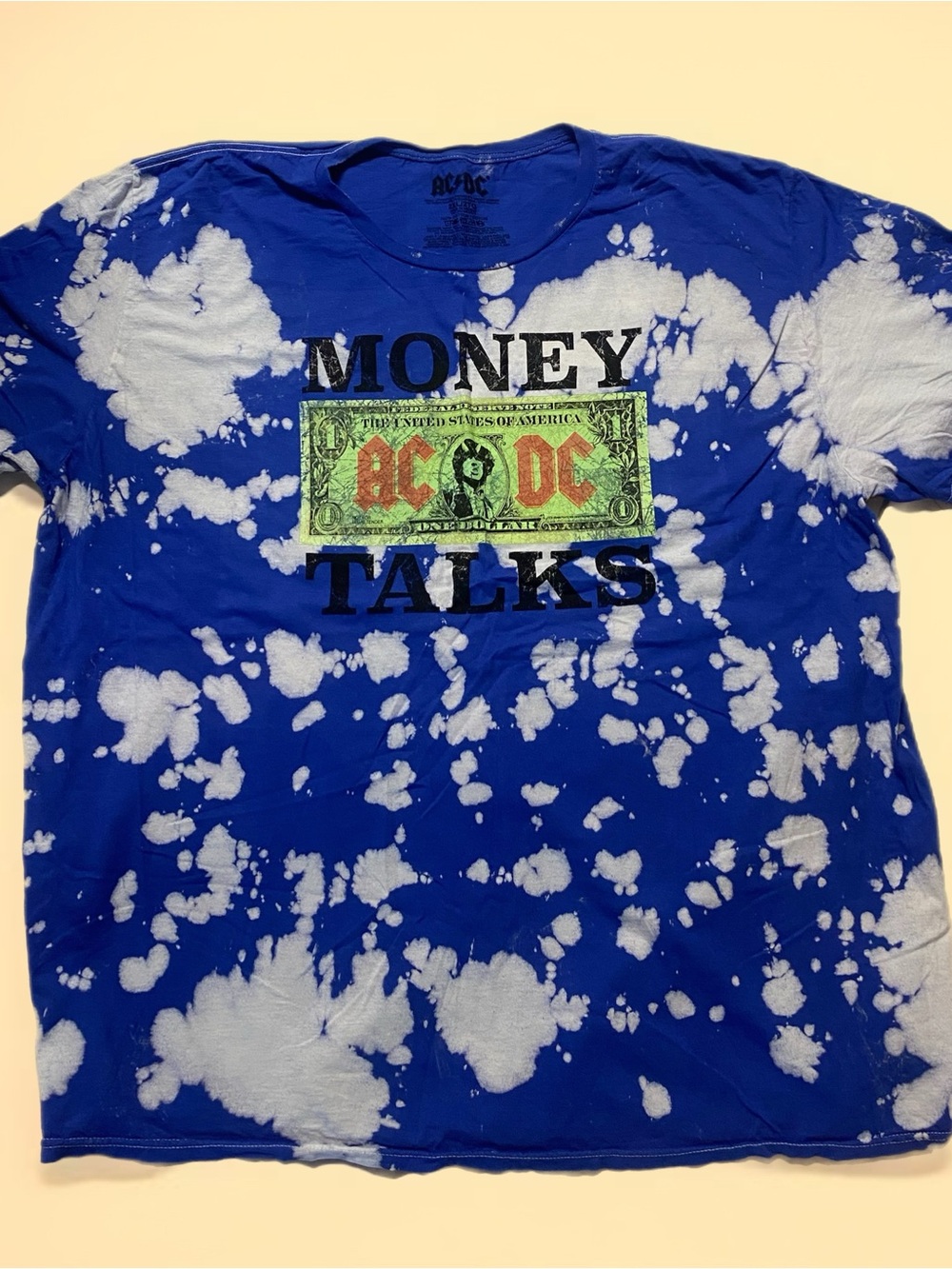 AC/DC Royal Blue Tee with White Bleach Splatter and Green Dollar Graphic Size 2X